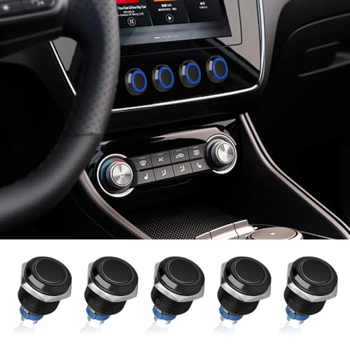 Wzhtuzi 5 Stück 220v schalter, kfz schalter, EIN/AUS Runde Marine Schalter, 4 Pin Wasserdicht Metall Druckschalter mit LED Licht, Geeignet für Wohnwagen, Boote, Lastwagen, Transporter(Schwarz) von Wzhtuzi