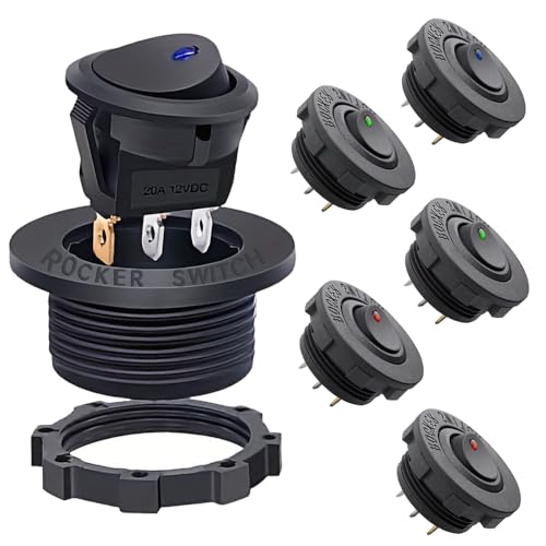 Wzhtuzi Kippschalter 12V 20A EIN/AUS, 6PCS Kippschalter 12V 20ASchalter,Schalter 3 Pin Rund Wippschalter Selbsthemmung mit LED Licht für Auto Boot(Rot/Blau/Grün) von Wzhtuzi