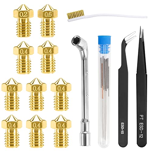 Wzone 3D Drucker DÜSe Set, E3D V6 nozzle für 1.75mm Filament 3D Drucker, 0,4 mm 10 Stück, 0,2 mm und 0,6 mm Je eine, mit nozzle reinigungsset (14 Stück) von Wzone