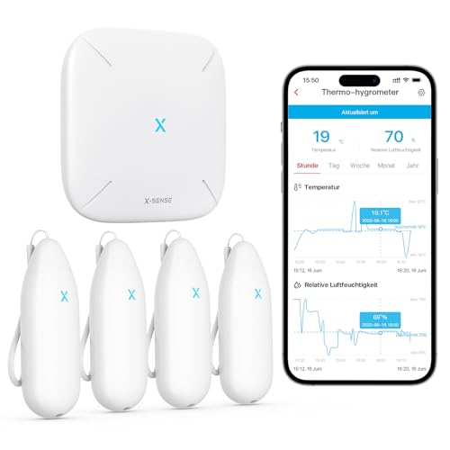 X-Sense WLAN Hygrometer Thermometer Innen, Temperatur- und Luftfeuchtigkeitsüberwachung per App, 500m Reichweite, Kostenfreier Datenexport, kompatibel mit Alexa, 4 Sensoren und 1 Basisstation SBS50 X-Sense WLAN Hygrometer Thermometer Innen, Temperatur- und Luftfeuchtigkeitsüberwachung per App, 500m Reichweite, Kostenfreier Datenexport, kompatibel mit Alexa, 4 Sensoren und 1 Basisstation SBS50 von X-Sense