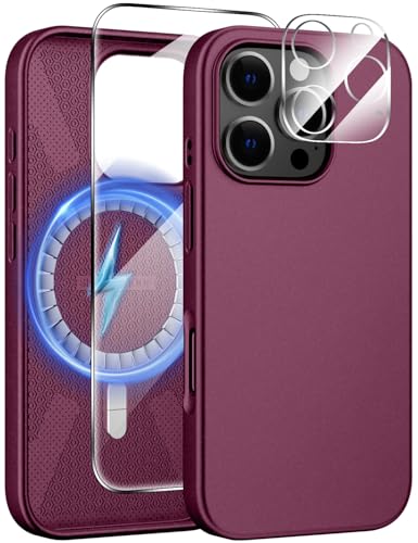 X-level 3 in 1 für iPhone 16 Pro Hülle für Magsafe mit Kameraschutz Und Panzerglas, Stoßfest, Matt Dünn Silikon Handyhülle für iPhone 16 Pro, WeinRot von X-level
