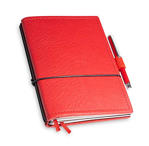 X17 revolutionäres A6-Notizbuch! Belgisches Leder rot, mit Geschenkbox; Innen: 2x Notizen(blanko, kariert), Stifthalter, Doppeltasche, Mini Stift; austauschbar, Made in Germany von X17