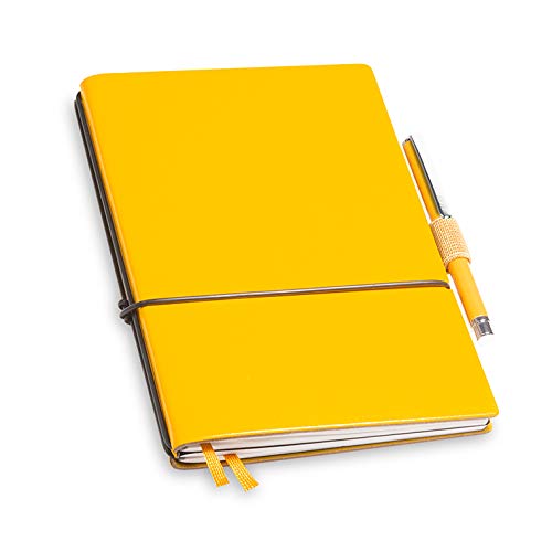 A6 revolutionäres X17-Notizbuch! Recyceltes Leder gelb, mit Geschenkbox; Innen: 2x Notizen(blanko, kariert), Stifthalter, Doppeltasche, Mini Stift; austauschbar, Made in Germany von X17