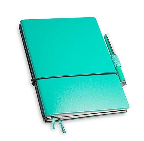 A6 revolutionäres X17-Notizbuch! Recyceltes Leder türkis/grün, mit Geschenkbox; Innen: 2x Notizen(blanko, kariert), Stifthalter, Doppeltasche, Mini Stift; austauschbar, Made in Germany von X17