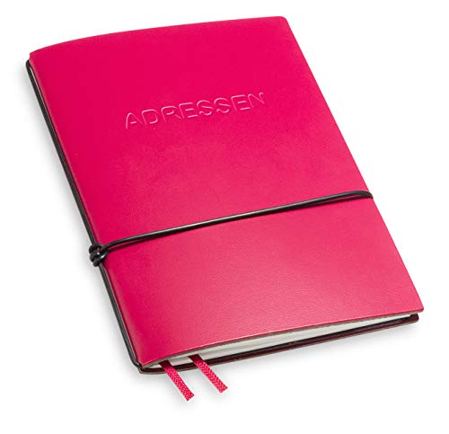 A6 und 7 mm dünn! Revolutionäres, kleines X17- Adressbuch ! Recyceltes Leder, magenta; Innen: 1 Adressheft und einem Lesezeichenband, austauschbar=nachhaltig! Made in Germany, 17 Jahre Garantie* von X17