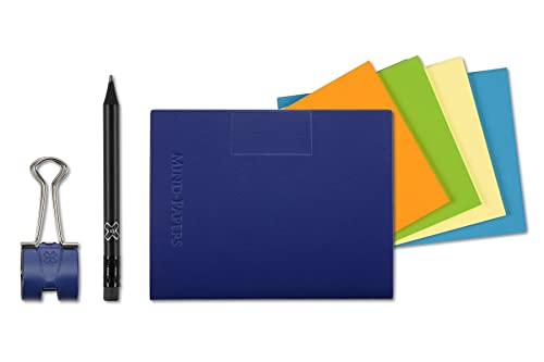 A7 X17-Mind-Papers, r evolutionäres X17-Karteikarten-Lernkarten-Box-Konzept! Recyceltes Leder blau, nachhaltig und mobil; Ca.25 Karten "gelb, orange, blau, grün" + Stiftklemme + Bleistift! von X17