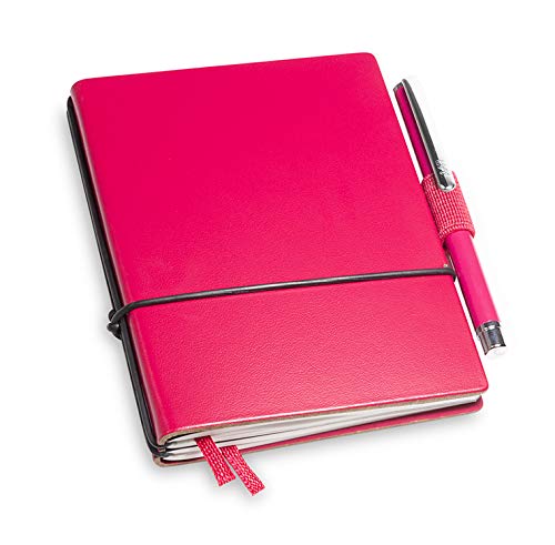 A7 revolutionäres X17-Notizbuch! Recyceltes Leder magenta, mit Geschenkbox; Innen: 2x Notizen(blanko, kariert), Stifthalter, Doppeltasche, Mini Stift; austauschbar, Made in Germany von X17