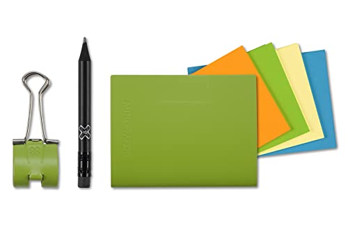 A8 X17-Mind-Papers, r evolutionäres X17-Karteikarten-Lernkarten-Box-Konzept! Recyceltes Leder grün, nachhaltig und mobil; Ca.25 Karten"gelb, orange, blau, grün"+ Stiftklemme + Bleistift! von X17