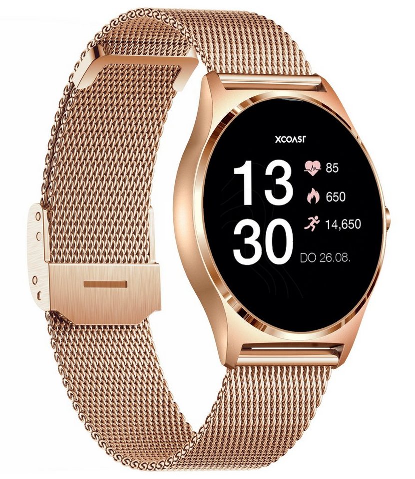 XCOAST JOLI Damen Smartwatch (3,9 cm/1,3 Zoll) Fitness Tracker, neueste Generation, rosegold, 3-tlg., mit goldenem Mesh Armband, IP67 wasserdicht, Herzfrequenz, Blutdruck, Blutsauerstoff, Schlaf von XCOAST