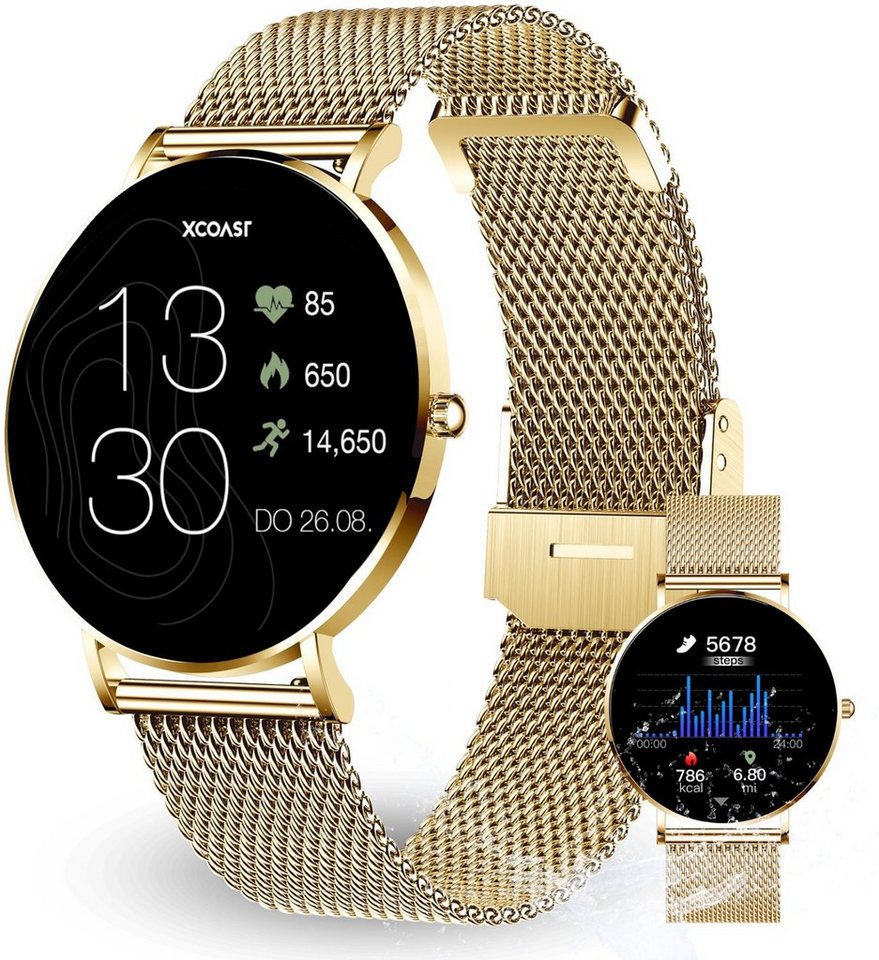 XCOAST SIONA 2 Damen Smartwatch (4,2 cm/1,3 Zoll, iOS Android) classic gold, Fitness Tracker, AMOLED, Blutsauerstoffmesser, 3-tlg., neueste Generation, Wasserdicht, ultra flach, Puls, Blutdruck, brillante Farben von XCOAST