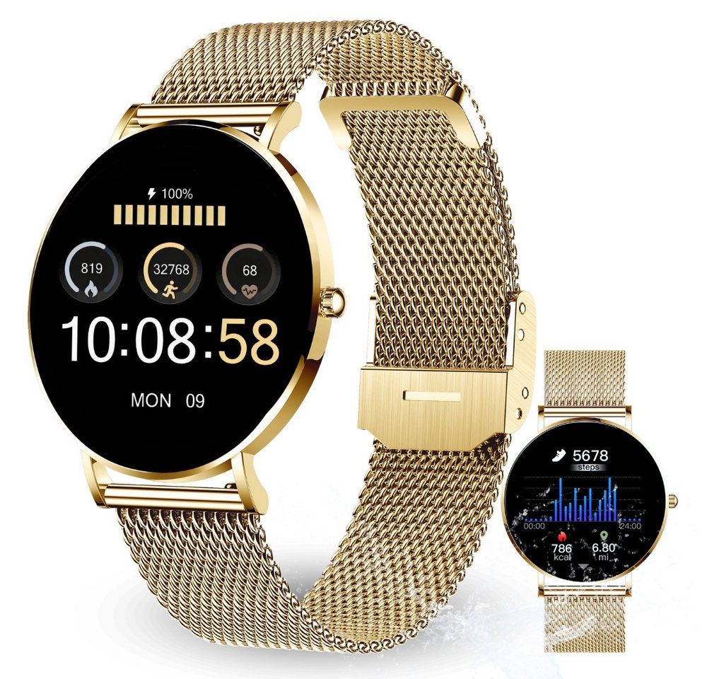 XCOAST SIONA 2 Damen Smartwatch (4,2 cm/1,3 Zoll, iOS Android) classic gold, Fitness Tracker, AMOLED, Blutsauerstoffmesser, 3-tlg., neueste Generation, Wasserdicht, ultra flach, Puls, Blutdruck, brillante Farben von XCOAST