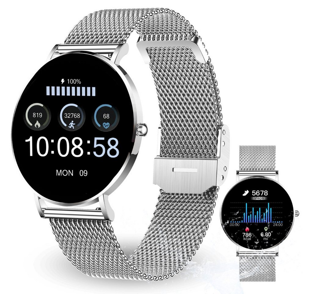 XCOAST SIONA 2 Damen Smartwatch (4,2 cm/1,3 Zoll, iOS und Android) feine Damenuhr, AMOLED, satte Farben, 21 Sportarten, >200 Ziffernblätter, 3-tlg., Blutsauerstoff, iOS&Android Handies, ultraflach (6,9mm), wasserdicht, Puls, Blutdruck von XCOAST