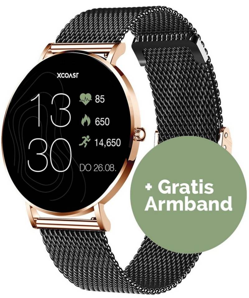 XCOAST SIONA 2 Damen Smartwatch (4,2 cm/1,3 Zoll, iOS und Android) Kostenloses Zusatzarmband enthalten / Gehäuse Rosegold (hell), 4-tlg., - 2in1 PROMOPACK (enthält 2 Mesh Armbänder: Schwarz und Rosegold) -, Wasserdicht/Flach/Puls/Blutdruck/Blutsauerstoff/Sport/Elegant von XCOAST