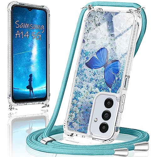 Handykette für Samsung Galaxy A14 5G Hülle mit Band,Handyhülle Samsung Galaxy A14 5G Glitzer Schmetterling mit kette TPU Slim Bumper Kratzfest Transparent Stoßfest Schmetterling Schutzhülle mit Kordel von XCYYOO