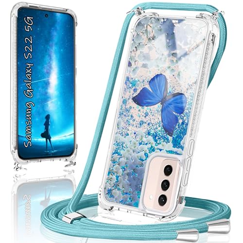 Handykette für Samsung Galaxy S22 5G Hülle mit Band,Handyhülle Samsung Galaxy S22 5G Glitzer Schmetterling mit kette TPU Slim Bumper Kratzfest Transparent Stoßfest Schmetterling Schutzhülle mit Kordel von XCYYOO