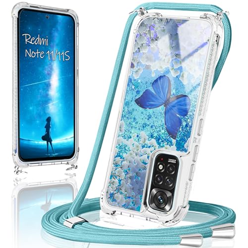 Handykette für Xiaomi Redmi Note 11/11S Hülle mit Band,Handyhülle Xiaomi Redmi Note 11/11S Glitzer Schmetterling mit Kette TPU Slim Bumper Kratzfest Stoßfest Schmetterling Schutzhülle mit Kordel von XCYYOO