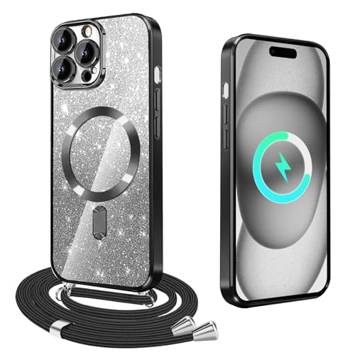 Handykette für iPhone 14 Pro Max Hülle mit Band,Transparente Glitzer Magnetisch Handyhülle[Kompatibel mit Magsafe]Silikon TUP Schutzhülle für 14 Pro Max zum Umhängen Stoßfest Case mit kette,Schwarz von XCYYOO