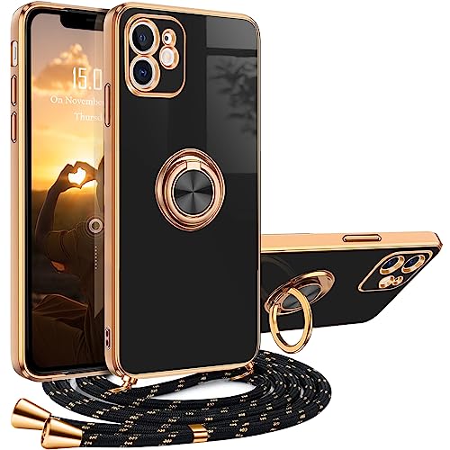 Handykette kompatibel mit iPhone 11 Hülle mit Band iPhone 11 Handyhülle mit 360 Grad Ring Ständer Luxuriös Galvanisierte Kratzfest Schutzhülle Silikon Slim Bumper Stoßfest Case Dünn Hülle mit Kette von XCYYOO