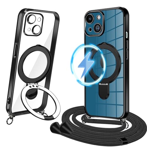 Magnetische Handykette Hülle iPhone 13 mit Band [Kompatibel mit MagSafe] Transparent Silikon Handyhülle iPhone 13 mit Kette Durchsichtig Schutzhülle zum Umhängen Stoßfeste Case mit Schnur mit Ständer von XCYYOO