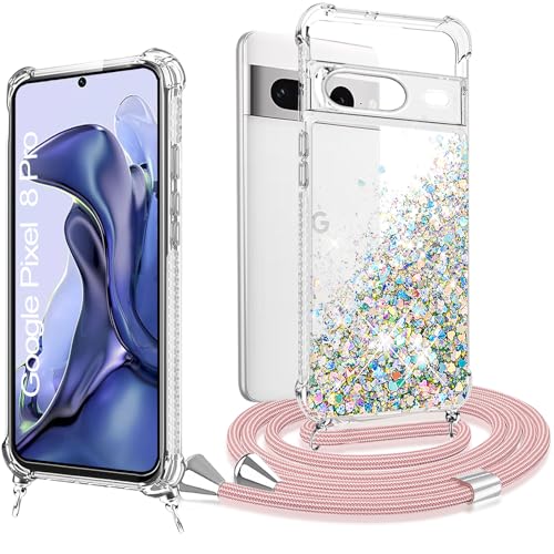 XCYYOO Handykette Google Pixel 8 Pro Hülle mit Band Handyhülle Google Pixel 8 Pro mit Kette Glitzer Kreatives Handytasche Schutzhülle Flüssig mit Kordel zum Umhängen Handyanhänger Halsband Lanyard von XCYYOO