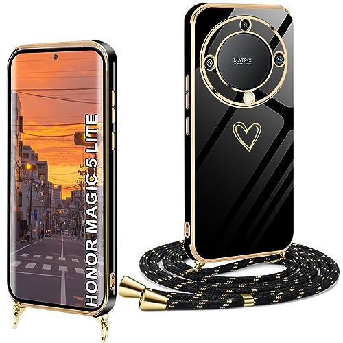 XCYYOO Handykette Honor Magic 5 Lite 5G Hülle mit Band mit Herz Love Design,Handyhülle mit Kette Luxuriös Galvanisierte Kratzfest Schutzhülle Silikon Slim Bumper Stoßfest Dünn Hülle mit Kordel von XCYYOO