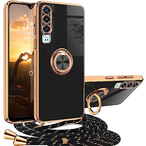 XCYYOO Handykette Huawei P30 Hülle mit Band Huawei P30 Handyhülle mit 360 Grad Ring Ständer Luxuriös Galvanisierte Kratzfest Schutzhülle Silikon Slim Bumper Stoßfest Dünn Hülle mit Kette von XCYYOO