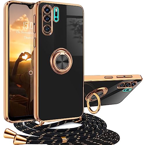 XCYYOO Handykette Huawei P30 Pro Hülle mit Band Huawei P30 Pro Handyhülle mit 360 Grad Ring Ständer Luxuriös Galvanisierte Kratzfest Schutzhülle Silikon Slim Bumper Stoßfest Dünn Hülle mit Kette von XCYYOO