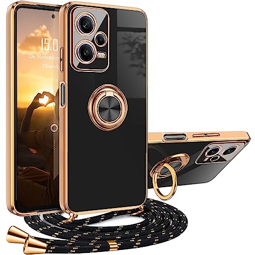 XCYYOO Handykette Redmi Note 12 Pro Plus Hülle mit Band Redmi Note 12 Pro Plus Handyhülle mit Kette Luxuriös Galvanisierte Kratzfest Schutzhülle mit 360 Grad Ring Ständer Silikon Bumper Stoßfest Dünn von XCYYOO