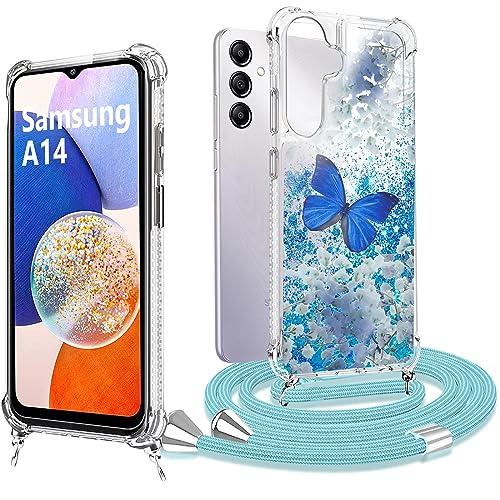 XCYYOO Handykette Samsung Galaxy A14 4G/5G Hülle mit Band, Handyhülle Samsung Galaxy A14 mit Band Glitzer Silikon Transparent Handyhülle Samsung A14 mit Kette Schutzhülle Stoßfest- Blau Schmetterling von XCYYOO