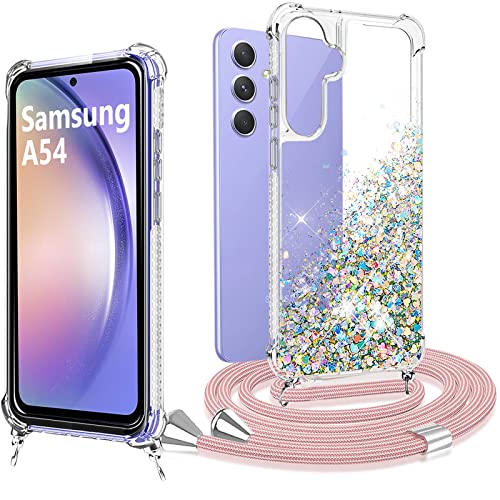 XCYYOO Handykette Samsung Galaxy A54 5G Hülle mit Band Handyhülle Samsung A54 5G mit kette Glitzer Mode Kreatives Handytasche Schutzhülle Flüssig mit Kordel zum Umhängen Handyanhänger Halsband Lanyard von XCYYOO