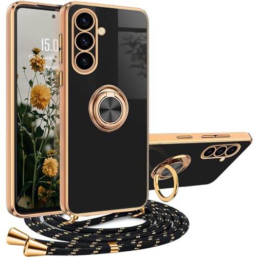 XCYYOO Handykette Samsung Galaxy A55 5G Hülle mit Band Samsung A55 5G Handyhülle mit 360 Grad Ring Ständer Luxuriös Galvanisierte Kratzfest Schutzhülle Silikon Bumper Stoßfest Dünn Hülle mit Kette von XCYYOO