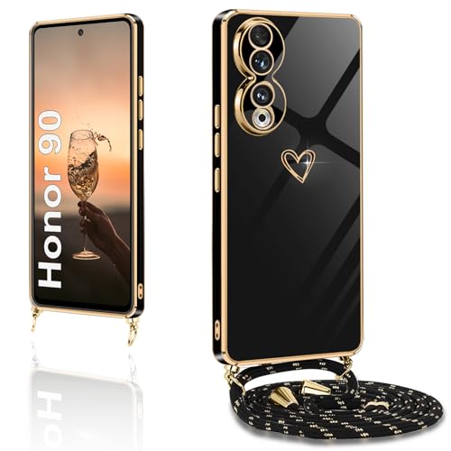 XCYYOO Handykette für Honor 90 Hülle mit Band,Handyhülle Honor 90 mit Kette Love Design Galvanik Silikon Stoßfest Schutzhülle mit Kordel zum Umhängen Kameraschutz, Schwarz von XCYYOO