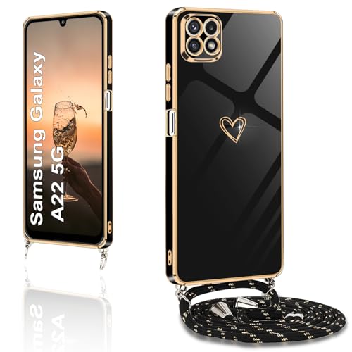 XCYYOO Handykette für Samsung Galaxy A22 5G Hülle mit Band,Handyhülle Samsung Galaxy A22 5G mit Kette Love Design Galvanik Silikon Stoßfest Schutzhülle mit Kordel zum Umhängen Kameraschutz, Schwarz von XCYYOO