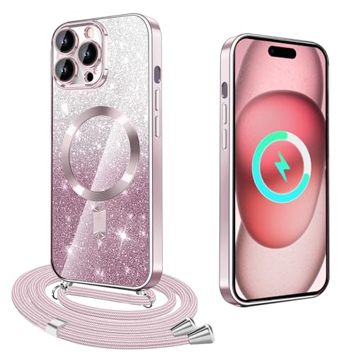 XCYYOO Handykette für iPhone 14 Pro Hülle mit Band,Transparente Glitzer Magnetisch Handyhülle[Kompatibel mit Magsafe] Silikon Tup Schutzhülle für 14 Pro zum Umhängen Stoßfest Case mit Kette von XCYYOO