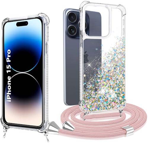 XCYYOO Handykette für iPhone 15 Pro Hülle mit Band,Glitzer Treibsand Silikon Stoßfest iPhone 15 Pro mit Kette Transparent TPU Bumper Schutzhülle Quicksand Schutzhülle mit Kordel von XCYYOO