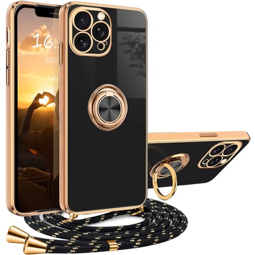 XCYYOO Handykette iPhone 13 Pro Hülle mit Band iPhone 13 Pro Handyhülle mit 360 Grad Ring Ständer Luxuriös Galvanisierte Kratzfest Schutzhülle Silikon Bumper Stoßfest Dünn Hülle mit Kette von XCYYOO