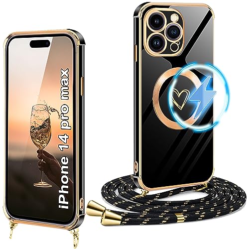 XCYYOO Hülle iPhone 14 Pro Max mit Band mit MagSafe,Handykette iPhone 14 Pro Max Handyhülle mit Kette Galvanisierte Kratzfest Schutzhülle zum Umhängen Silikon Magnetische Bumper Stoßfest Dünn Case von XCYYOO