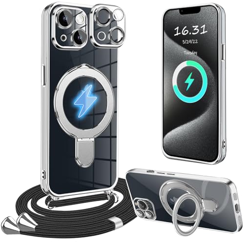 XCYYOO Magnetisch HandyHülle für iPhone 13 Hülle mit Band,[Kompatibel mit Magsafe] Transparente Silikon Stoßfest Handykette Schutzhülle Ring Ständer Kameraschutz Case mit Kette für iPhone 13 von XCYYOO