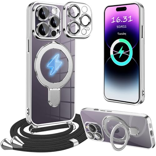 XCYYOO Magnetisch HandyHülle für iPhone 14 Pro Hülle mit Band,[Kompatibel mit Magsafe] Transparente Silikon Stoßfest Handykette Schutzhülle Ring Ständer Kameraschutz Case mit Kette für iPhone 14 Pro von XCYYOO