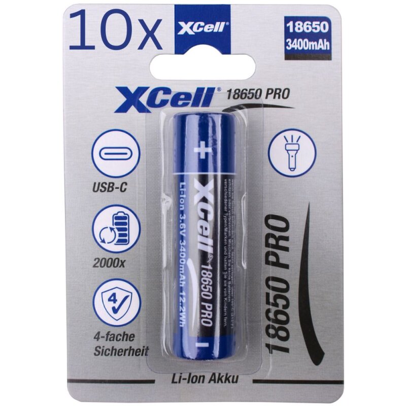 10x XCell 18650 Pro Li-Ion Akku 3,6V 3400mAh mit USB-C von XCell
