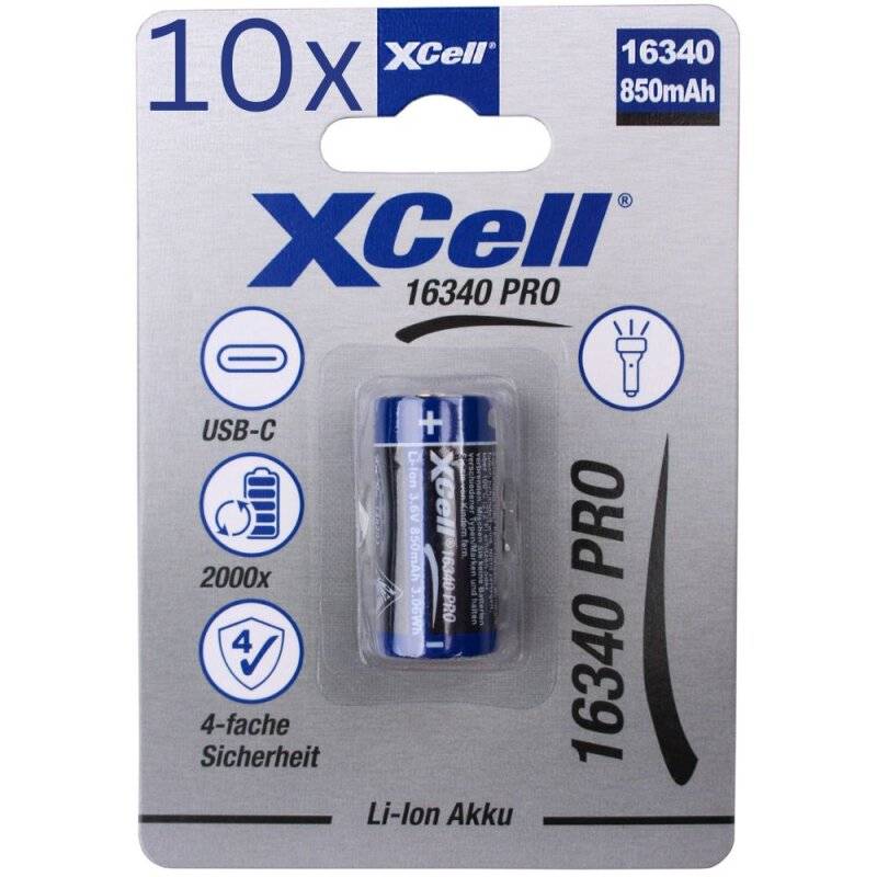 10x XCell CR123A 16340 Pro Li-Ion Akku 3,6V 850mAh mit USB-C von XCell