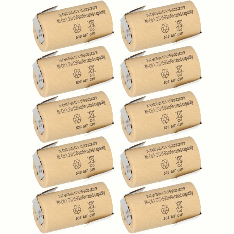 10x XCell Sub-C Hochleistungsakku mit Z- Lötfahne - 1,2V 1500 mAh Ni-CD von XCell