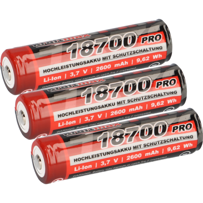 3x Kraftmax 18700 Pro Akku mit PCB Schutzschaltung - speziell für LED Taschenlampen 3,7V 9,62 Wh von XCell