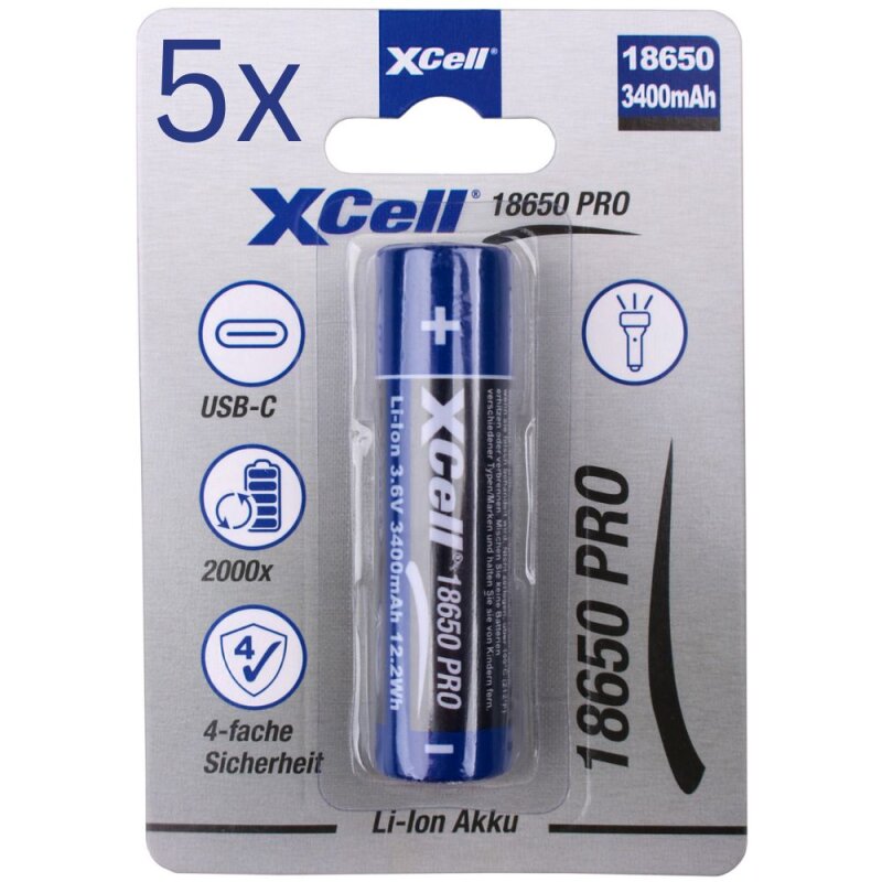 5x XCell 18650 Pro Li-Ion Akku 3,6V 3400mAh mit USB-C von XCell