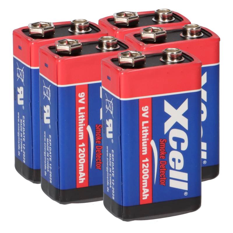 5x XCell Lithium 9V Block Hochleistungs- Batterien für Rauchmelder / Feuermelder - 10 Jahre Batterie Lebensdauer von XCell