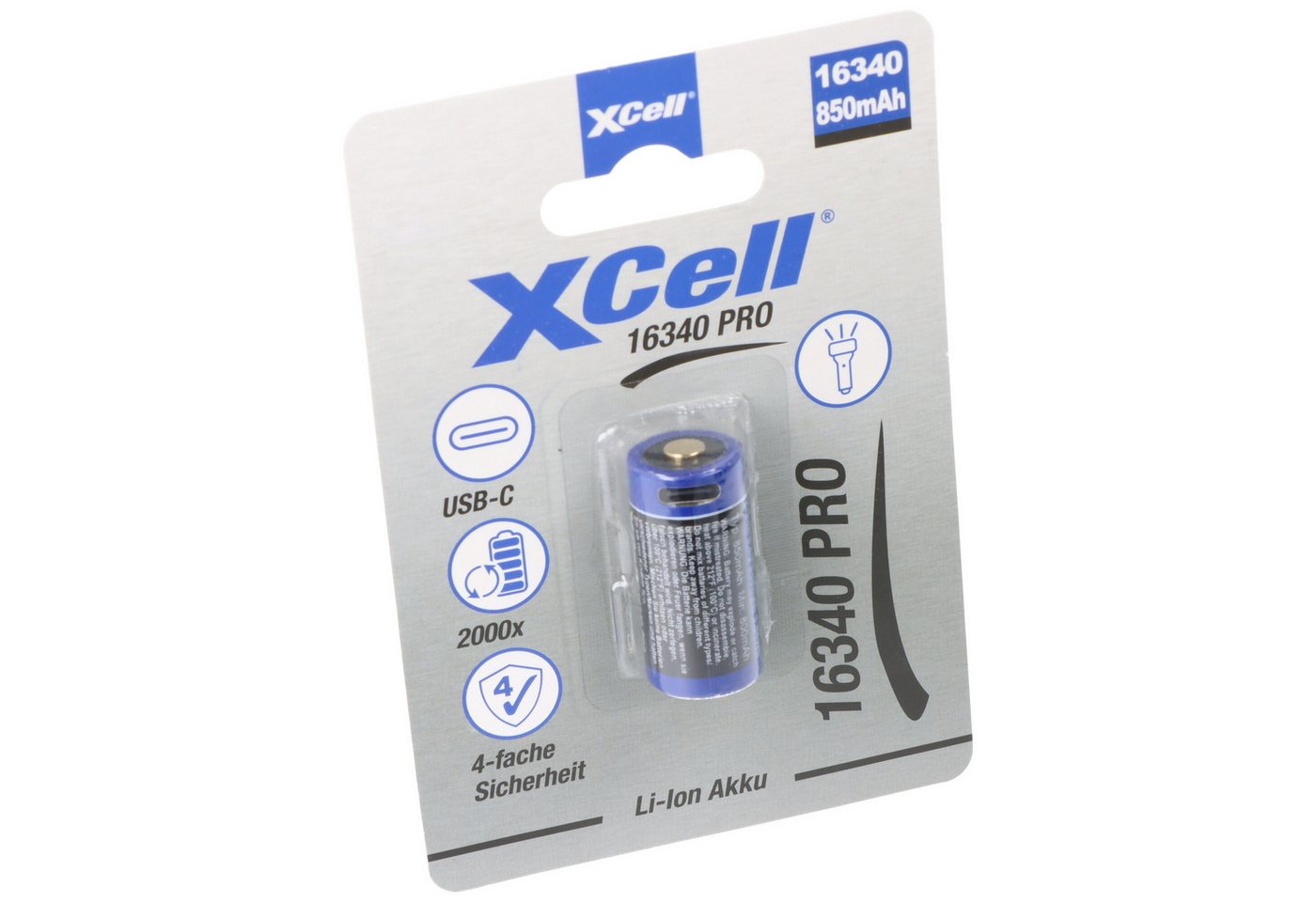 XCell XCell Pro 16340 Li-Ion Akku CR123A geschützter Li-Ion Akku, mit USB-C Akku 850 mAh (3,6 V) von XCell
