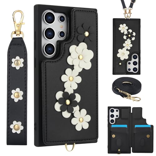 XCuihulle Handykette Handyhülle für Samsung Galaxy S25 Ultra Hülle mit Band 3 Kartenfächer und Standfunktion Lederhülle mit Handschlaufe Geldbörse Ständer Schutzhülle Abnehmbarem Lanyard Case-Schwarz von XCuihulle
