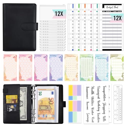 Budget Planner, PU A6 Budget Binder Geld Organizer mit 8 Challenge Geld Sparen/ 12 Budgetblätter/ 12 Binder Taschen - Schwarz von XDLOIFN