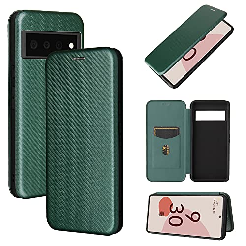 Kohlefaser Flip Wallet Case, PU Leder Folio Handyhülle Stoßfeste Schutzhülle mit Kartensteckplatz für Google Pixel 6 (Grün) von XDMEI