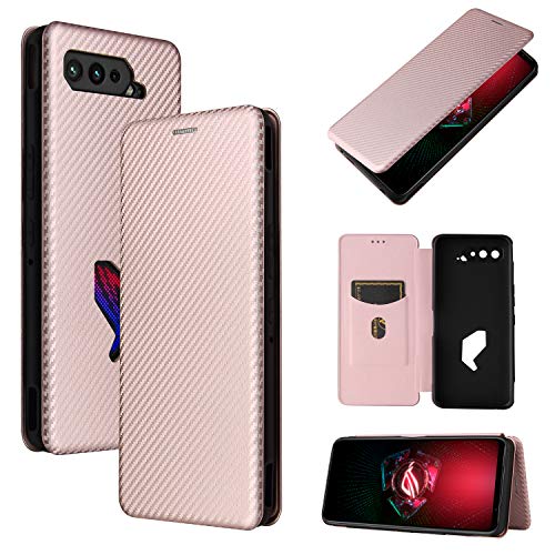 XDMEI für Asus ROG Phone 5 Kohlefaser Flip Wallet Hülle, PU Leder Folio Telefonhülle Stoßfeste Schutzhülle mit Kartensteckplatz (Rosa) von XDMEI